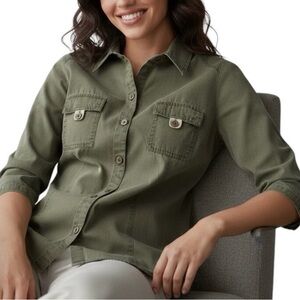 At Last Women’s Utility Button-Front Shirt Olive Green 3/4 Sleeve Safari Style